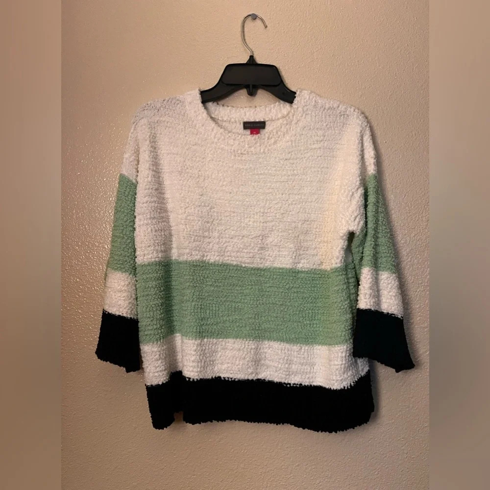 Vince Camuto Women XS Popcorn Knit Colorblock Sweater Green White Black Pullover